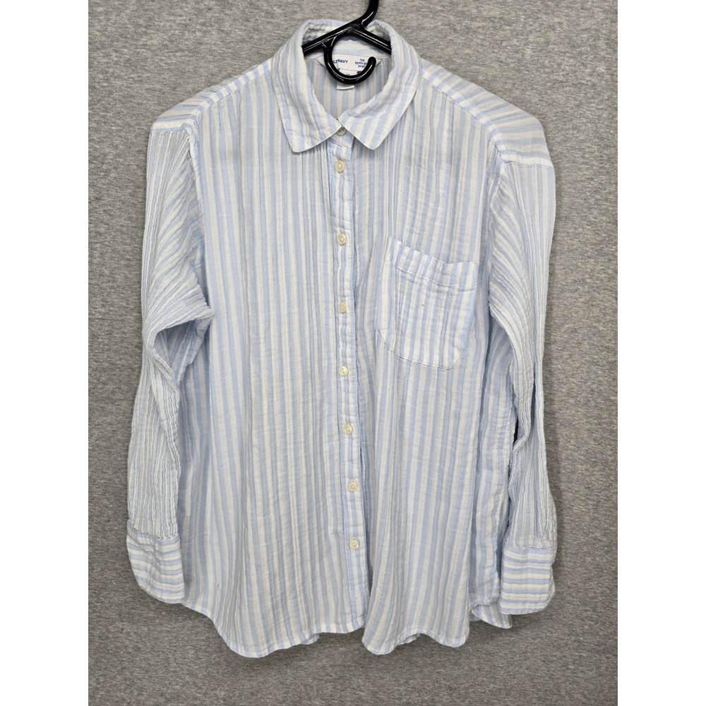 Old Navy Soft-Washed Shirt Womens Medium Blue White Striped Button Up Crinkle